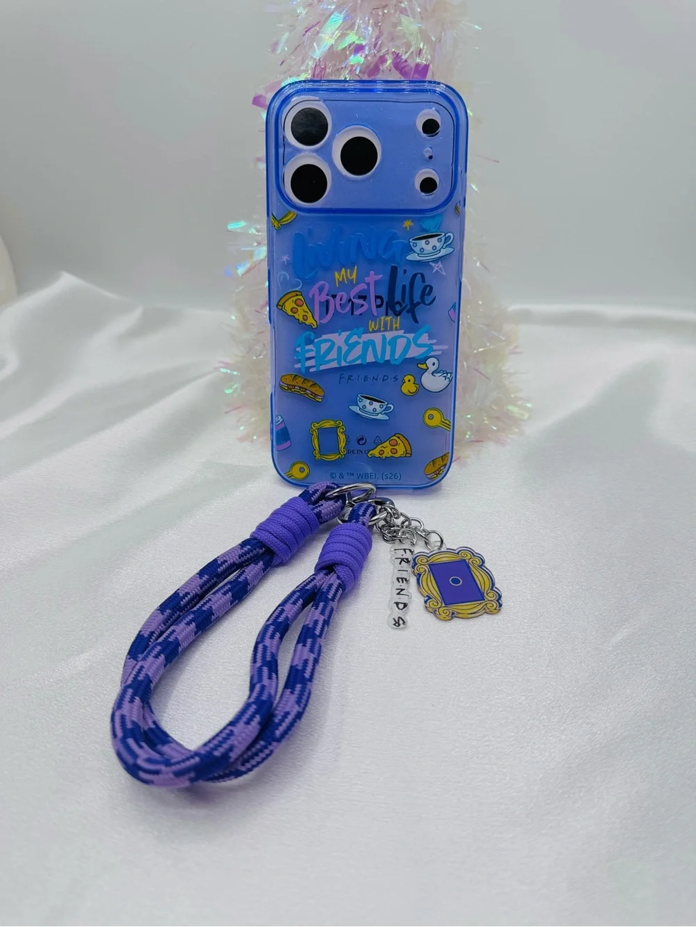 Friends TV Show iPhone 17 Pro Case w/ Wrist Lanyard & Frame Charm – Purple Clear